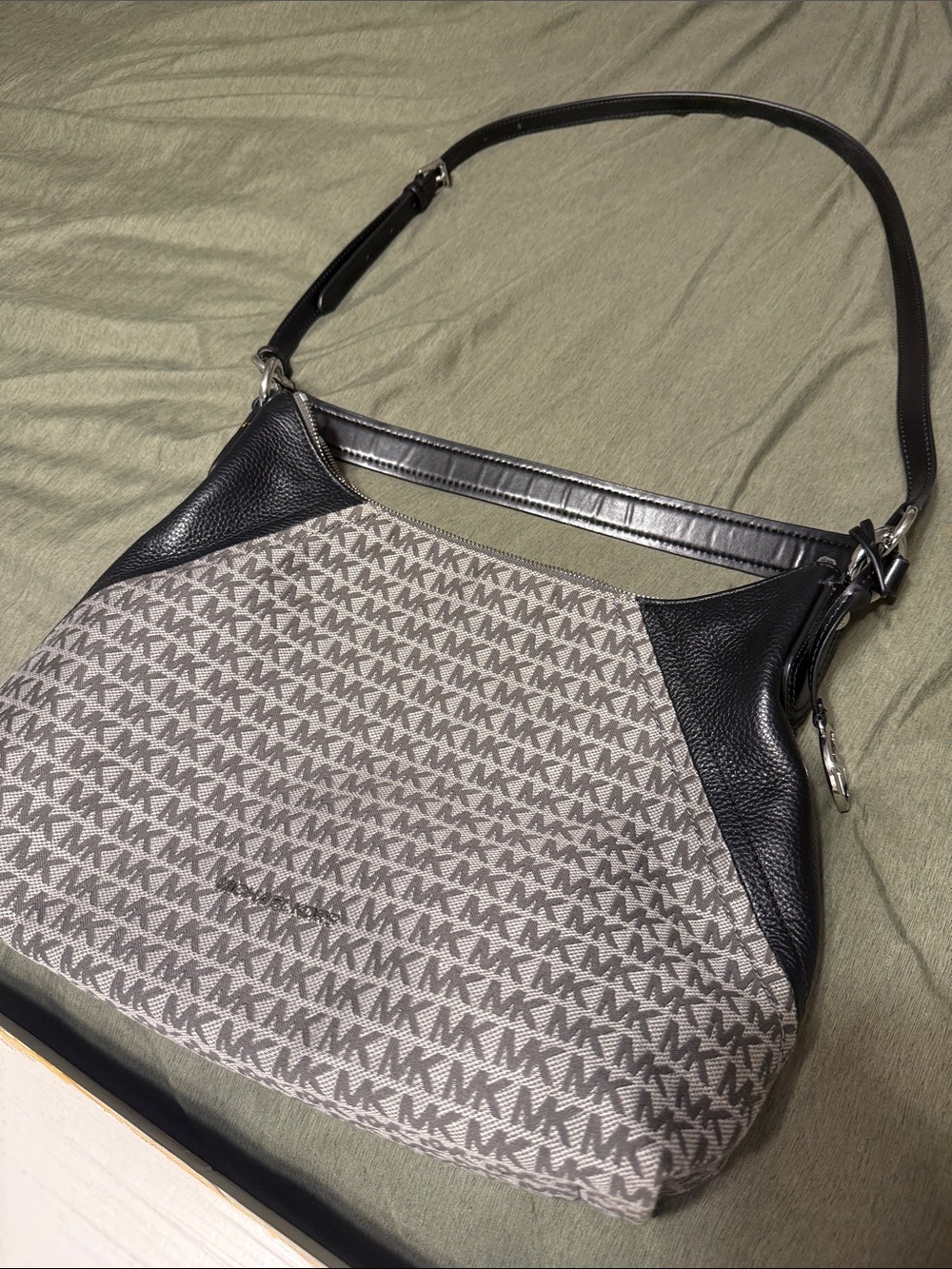 Michael Kors Gray MK Logo Shoulder Bag with Black Leather Trim